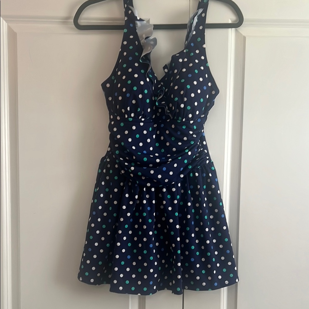 Navy Blue Denim & Co. polka dot swim dress size 10 NWT